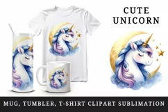 Watercolor cute endearing unicorn twinkling stars mane crescent moon print 20 oz tumbler skinny mug wrap clipart t-shirt sublimation printable design