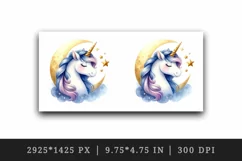 Watercolor cute endearing unicorn twinkling stars mane crescent moon print 20 oz tumbler skinny mug wrap clipart t-shirt sublimation printable design