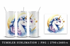 Watercolor cute endearing unicorn twinkling stars mane crescent moon print 20 oz tumbler skinny mug wrap clipart t-shirt sublimation printable design