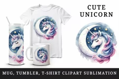 Watercolor cute endearing unicorn twinkling stars mane crescent moon print 20 oz tumbler skinny mug wrap clipart t-shirt sublimation printable design