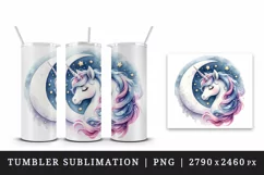 Watercolor cute endearing unicorn twinkling stars mane crescent moon print 20 oz tumbler skinny mug wrap clipart t-shirt sublimation printable design
