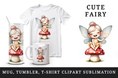 Watercolor cute fairy with wings sitting on mushroom laughing pixie dust print tumbler skinny mug wrap clipart t-shirt sublimation printable design