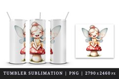 Watercolor cute fairy with wings sitting on mushroom laughing pixie dust print tumbler skinny mug wrap clipart t-shirt sublimation printable design