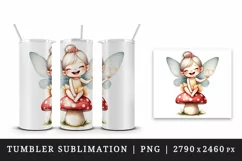 Watercolor cute fairy with wings sitting on mushroom laughing pixie dust print tumbler skinny mug wrap clipart t-shirt sublimation printable design