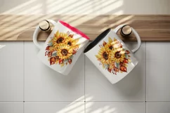 Watercolor cute fall autumn sunflowers leaves sparkle shining diamonds 20oz tumbler skinny mug wrap clipart t-shirt sublimation printable design