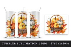 Watercolor cute fall basket pumpkins autumn leaves sparkle shining diamonds 20oz tumbler skinny mug wrap clipart t-shirt sublimation printable design