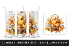 Watercolor cute fall basket pumpkins autumn leaves sparkle shining diamonds 20oz tumbler skinny mug wrap clipart t-shirt sublimation printable design