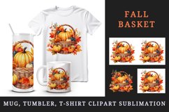 Watercolor cute fall basket pumpkins autumn leaves sparkle shining diamonds 20oz tumbler skinny mug wrap clipart t-shirt sublimation printable design