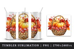 Watercolor cute fall basket pumpkins autumn leaves sparkle shining diamonds 20oz tumbler skinny mug wrap clipart t-shirt sublimation printable design