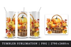 Watercolor cute fall basket pumpkins autumn leaves sparkle shining diamonds 20oz tumbler skinny mug wrap clipart t-shirt sublimation printable design