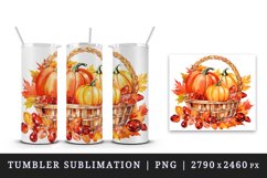 Watercolor cute fall basket pumpkins autumn leaves sparkle shining diamonds 20oz tumbler skinny mug wrap clipart t-shirt sublimation printable design