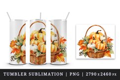 Watercolor cute fall basket with pumpkins autumn leaves sparkle diamonds 20 oz tumbler skinny mug wrap clipart t-shirt sublimation printable design