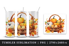 Watercolor cute fall basket with pumpkins autumn leaves sparkle shining diamonds 20oz tumbler skinny mug wrap clipart t-shirt sublimation printable design