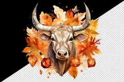 Watercolor cute fall bull ox neat cow autumn leaves sparkle shining diamonds 20oz tumbler skinny mug wrap clipart t-shirt sublimation printable design