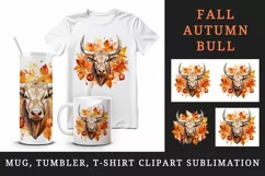 Watercolor cute fall bull ox neat cow autumn leaves sparkle shining diamonds 20oz tumbler skinny mug wrap clipart t-shirt sublimation printable design