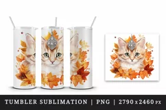 Watercolor cute fall cat kitty kitten autumn leaves sparkle diamonds 20oz tumbler skinny mug wrap clipart t-shirt sublimation printable design