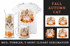 Watercolor cute fall cat kitty kitten autumn leaves sparkle diamonds 20oz tumbler skinny mug wrap clipart t-shirt sublimation printable design