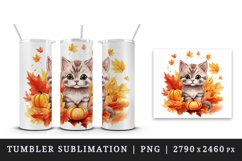 Watercolor cute fall cat kitty kitten autumn leaves sparkle shining diamonds 20oz tumbler skinny mug wrap clipart t-shirt sublimation printable design