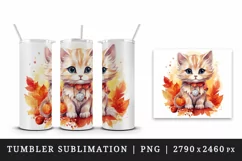 Watercolor cute fall cat kitty kitten autumn leaves sparkle shining diamonds 20oz tumbler skinny mug wrap clipart t-shirt sublimation printable design