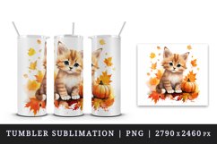 Watercolor cute fall cat kitty kitten pumpkin autumn leaves sparkle diamonds 20oz tumbler skinny mug wrap clipart t-shirt sublimation printable design