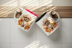 Watercolor cute fall dog puppy autumn leaves sparkle shining diamonds 20oz tumbler skinny mug wrap clipart t-shirt sublimation printable design