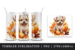 Watercolor cute fall dog puppy autumn leaves sparkle shining diamonds 20oz tumbler skinny mug wrap clipart t-shirt sublimation printable design