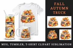 Watercolor cute fall truck car pumpkins autumn leaves sparkle print 20oz tumbler skinny mug wrap clipart t-shirt sublimation printable design