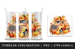 Watercolor cute fall truck car pumpkins autumn leaves sparkle print 20oz tumbler skinny mug wrap clipart t-shirt sublimation printable design