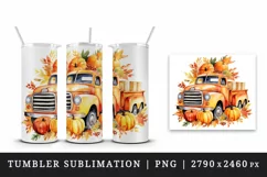 Watercolor cute fall truck car pumpkins autumn leaves sparkle print 20oz tumbler skinny mug wrap clipart t-shirt sublimation printable design