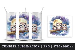 Watercolor cute family of owls sitting on branch moonlit night sky print 20 oz tumbler skinny mug wrap clipart t-shirt sublimation printable design