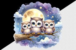 Watercolor cute family of owls sitting on branch moonlit night sky print 20 oz tumbler skinny mug wrap clipart t-shirt sublimation printable design