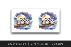Watercolor cute family of owls sitting on branch moonlit night sky print 20 oz tumbler skinny mug wrap clipart t-shirt sublimation printable design