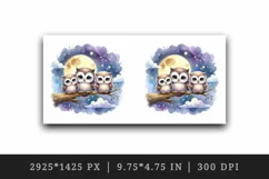 Watercolor cute family of owls sitting on branch moonlit night sky print 20 oz tumbler skinny mug wrap clipart t-shirt sublimation printable design