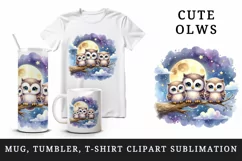 Watercolor cute family of owls sitting on branch moonlit night sky print 20 oz tumbler skinny mug wrap clipart t-shirt sublimation printable design