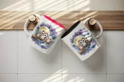 Watercolor cute family of owls sitting on branch moonlit night sky print 20 oz tumbler skinny mug wrap clipart t-shirt sublimation printable design