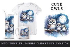Watercolor cute family owls sitting on branch moonlit night sky background print tumbler skinny mug wrap clipart t-shirt sublimation printable design