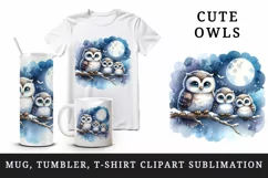 Watercolor cute family owls sitting on branch moonlit night sky background print tumbler skinny mug wrap clipart t-shirt sublimation printable design