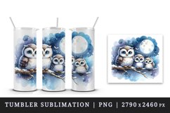 Watercolor cute family owls sitting on branch moonlit night sky background print tumbler skinny mug wrap clipart t-shirt sublimation printable design