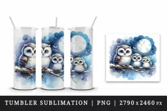 Watercolor cute family owls sitting on branch moonlit night sky background print tumbler skinny mug wrap clipart t-shirt sublimation printable design