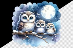 Watercolor cute family owls sitting on branch moonlit night sky background print tumbler skinny mug wrap clipart t-shirt sublimation printable design