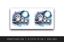 Watercolor cute family owls sitting on branch moonlit night sky background print tumbler skinny mug wrap clipart t-shirt sublimation printable design