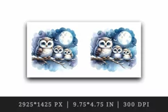 Watercolor cute family owls sitting on branch moonlit night sky background print tumbler skinny mug wrap clipart t-shirt sublimation printable design