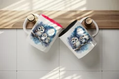 Watercolor cute family owls sitting on branch moonlit night sky background print tumbler skinny mug wrap clipart t-shirt sublimation printable design