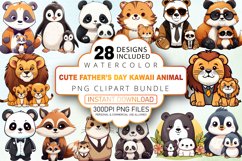 Watercolor Cute Father&#039;s Day Kawaii Animal Clipart Bundle Product Image 1
