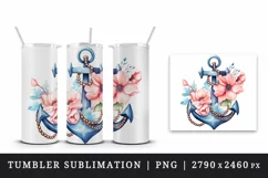 Watercolor cute floral anchor flowers nautical maritime summer print 20 oz tumbler skinny mug wrap clipart t-shirt sublimation printable design