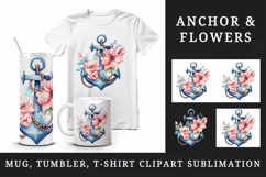 Watercolor cute floral anchor flowers nautical maritime summer print 20 oz tumbler skinny mug wrap clipart t-shirt sublimation printable design