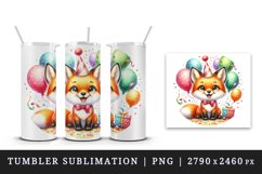 Watercolor cute fox birthday party hat balloons and confetti print 20 oz tumbler skinny mug wrap clipart t-shirt sublimation printable design