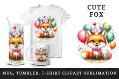 Watercolor cute fox birthday party hat balloons and confetti print 20 oz tumbler skinny mug wrap clipart t-shirt sublimation printable design