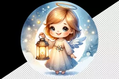 Watercolor cute friendly angel holding lantern glows magical light print 20 oz tumbler skinny mug wrap clipart t-shirt sublimation printable design