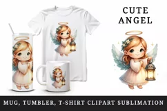 Watercolor cute friendly angel holding lantern glows magical light print 20 oz tumbler skinny mug wrap clipart t-shirt sublimation printable design